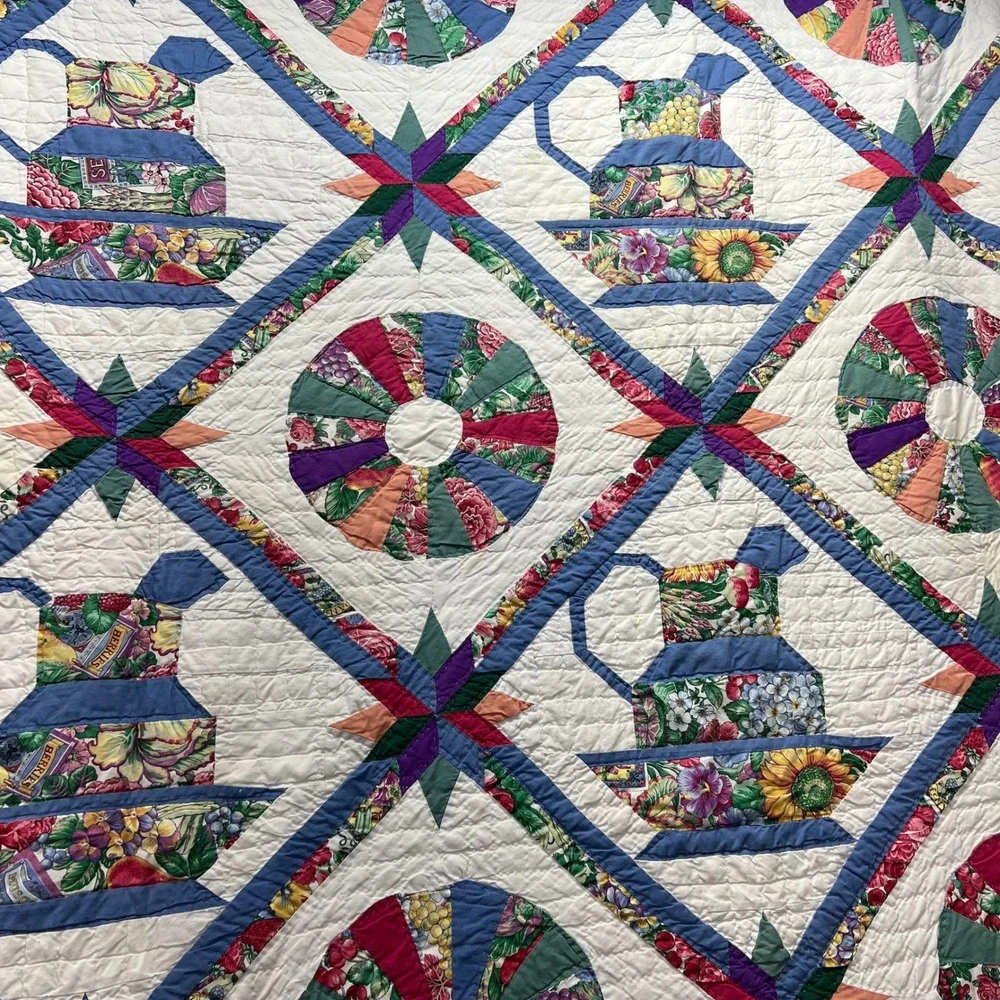 Vintage Hand Stitched Patchwork Quilt 86x80 Dresden Plate Teapot Appliqué Flaw